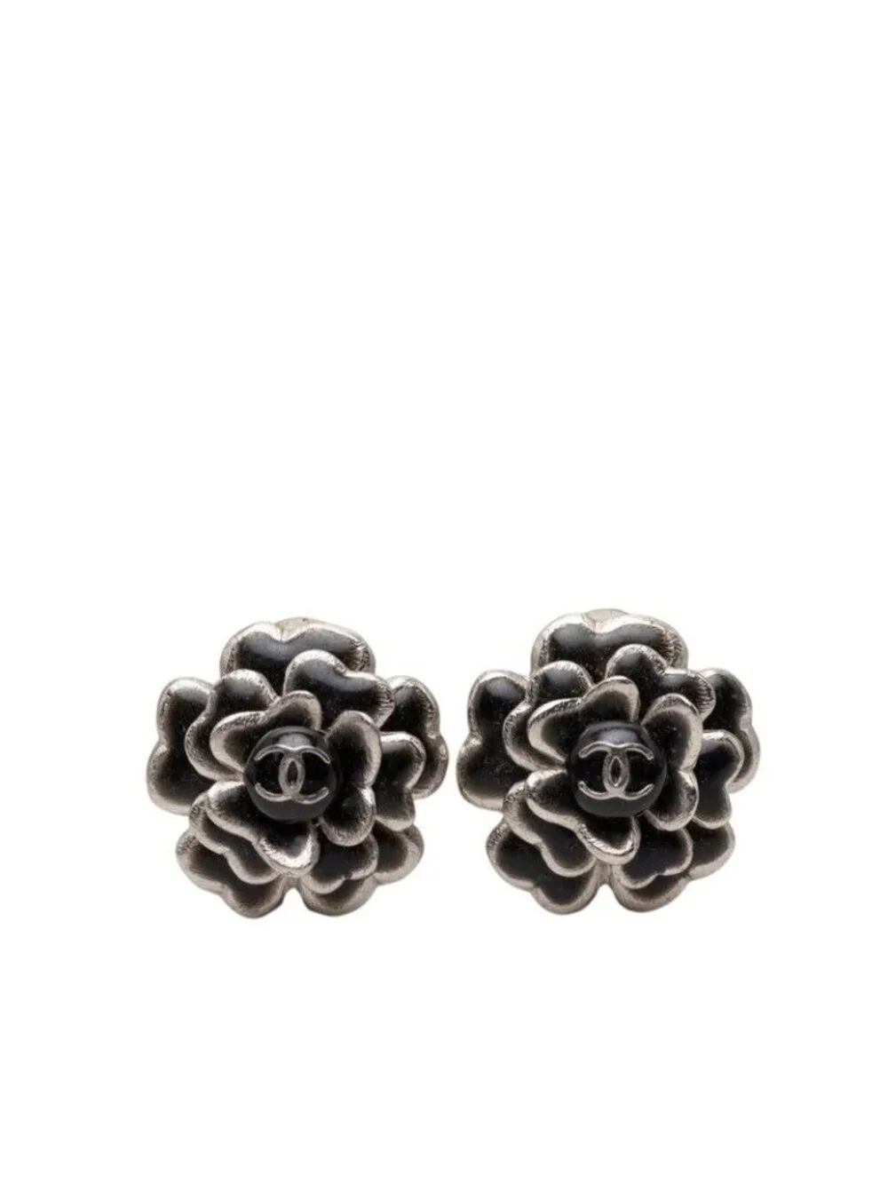 Chanel CC Logo Camellia 03c Earrings Black Silver Metal